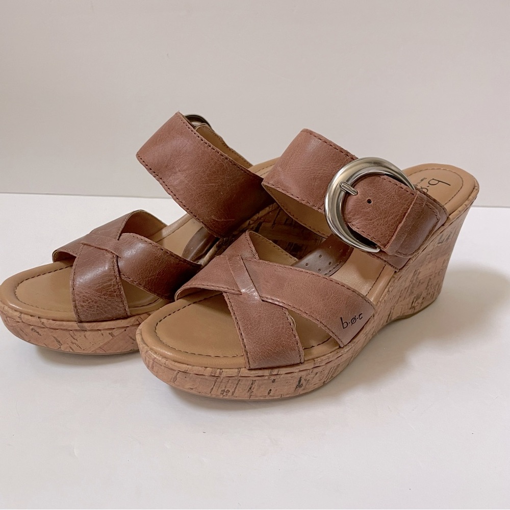 Born BOC Brown Leather Cork Wedge Sandals Size 7